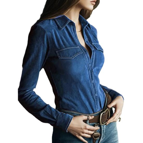 Женская рубашка с лацканами, длинным рукавом, застежкой на пуговицы, приталенного кроя, с замшевой текстурой, в стиле ретро, однотонная, повседневная, топы