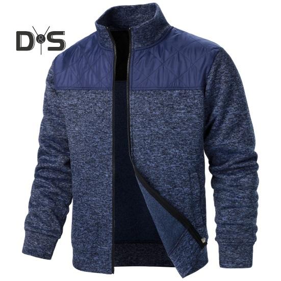 Осень-зима мужская куртка трикотажная пэчворк застежка-молния воротник стойка кардиган длинные рукава средней длины приталенный крой термопальто