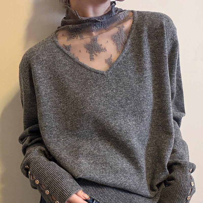 Бархатный кружевной сетчатый многослойный топ с полувысоким воротником большого размера для женщин - Осень/Зима Новый Свободный Стройнящий Стиль