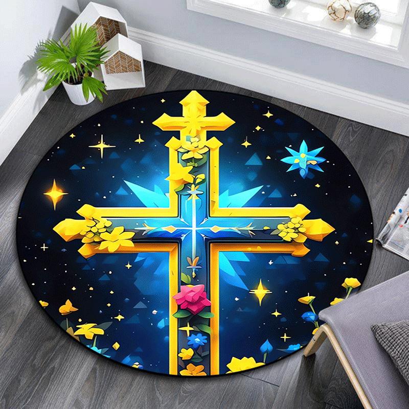1pc Soft, Absorbent & Non Slip Cross covered with flowers Round Rug Soft Circle Rug for Living Room & Bedroom Decor, Chair Mats, and Unforge