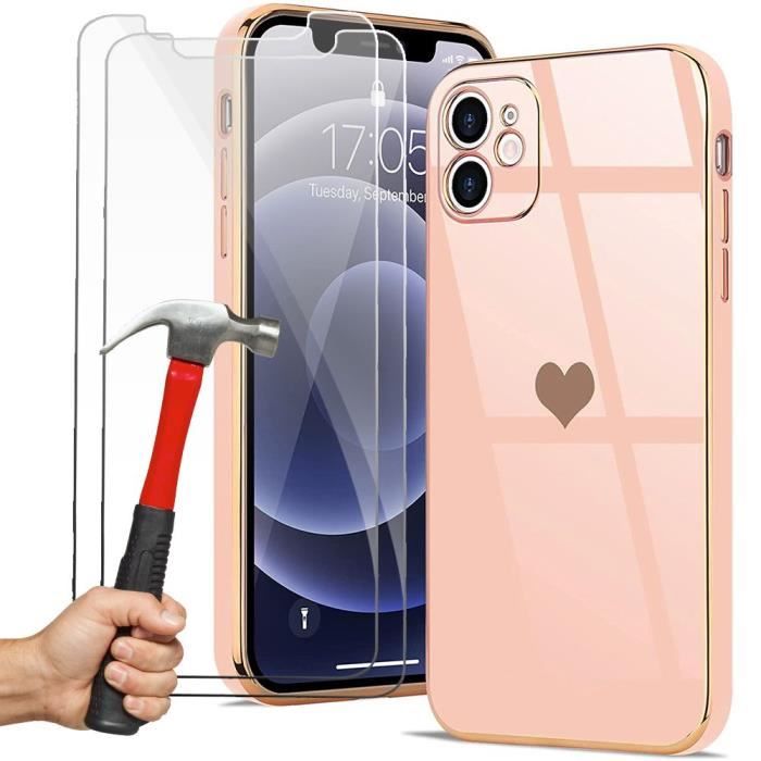 Coque de Protection - pour iPhone 12 - Rose - 2 Verres Trempés - TPU Souple - Anti-Rayure