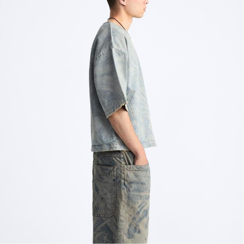 Zara Abstract Print Denim Round Neck Short Sleeve T-Shirt Men Tops Blue 6688304-400