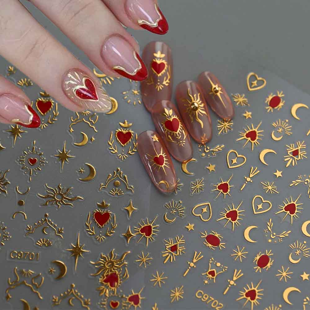 1pcs 3D Bronzing Gold Love Nail Art Stickers Holographic Stars Sun Starlight DIY Nail Decals Manicure Decoration