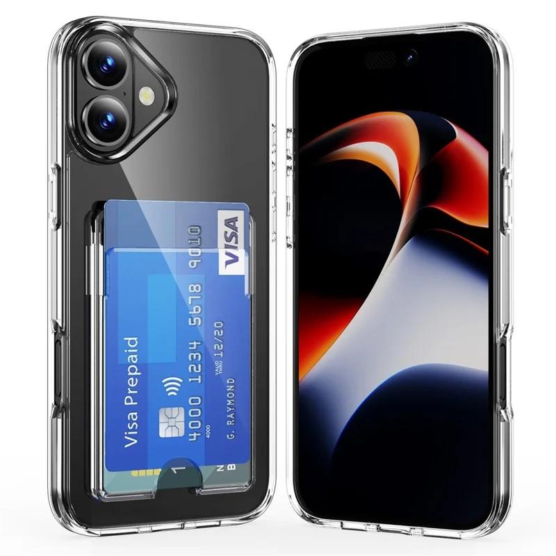 For iPhone 17 Clear Phone Case with Screen Film WANLONFENG CK Series Card Holder Cover (Big Lens Hole)