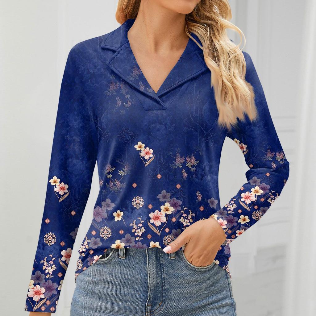 Женская мода для отдыха с длинным рукавом и V-образным вырезом с цветочным принтом