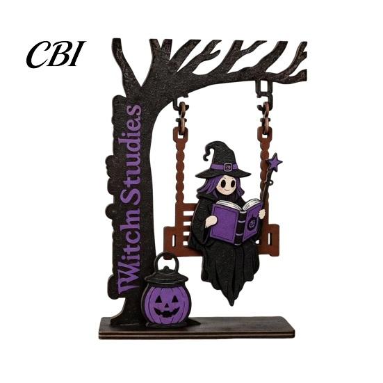 Creative Spooky Desktop Decorations Halloween Swing Tree Decor, Vintage Wooden Tabletop Centerpiece with Bat Spider Web Pumpkin Durable Holiday Crafts