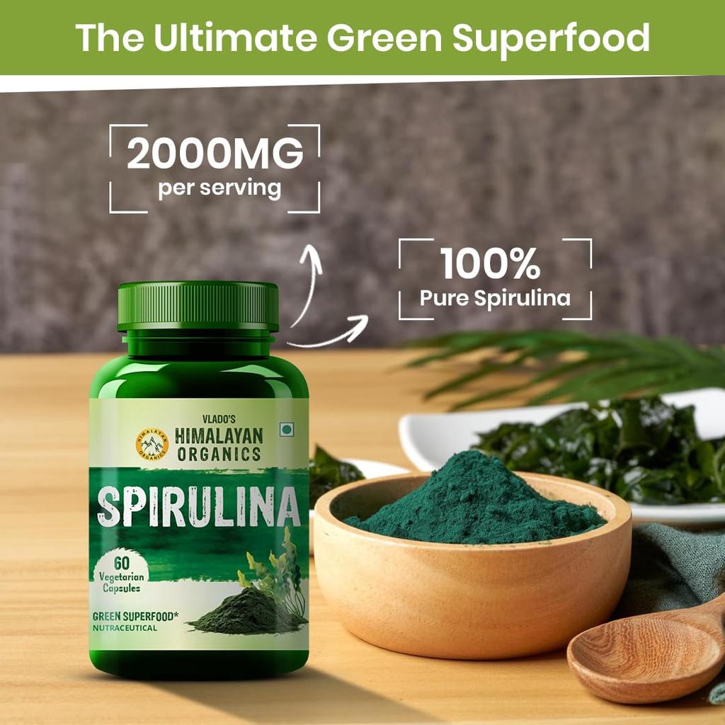 Vlado's Himalayan Organics Spirulina 2000 Mg Capsules Organic Green Superfood Supplement For Daily Wellness Support 60 Count