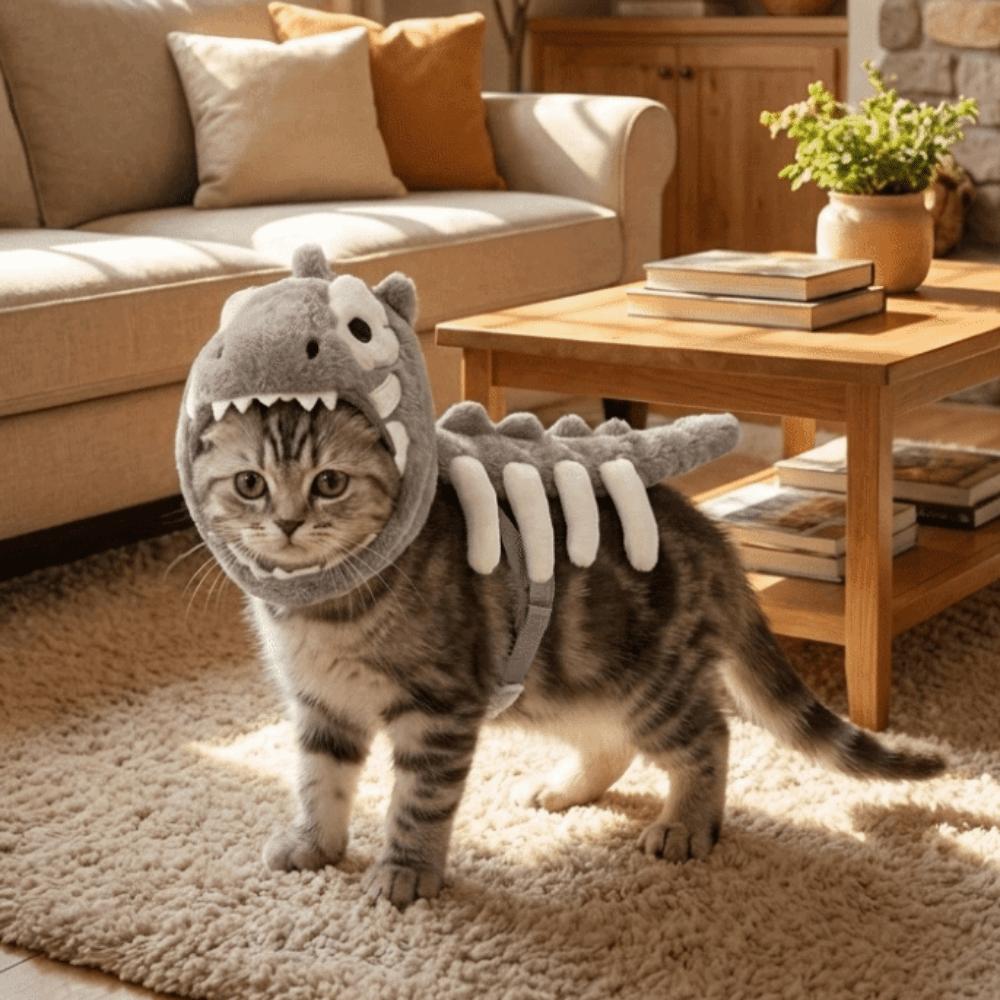 Soft Dinosaur Skeleton Pet Costume Adjustable Cat Cosplay Headwear Pet Halloween Outfit  Photo Prop