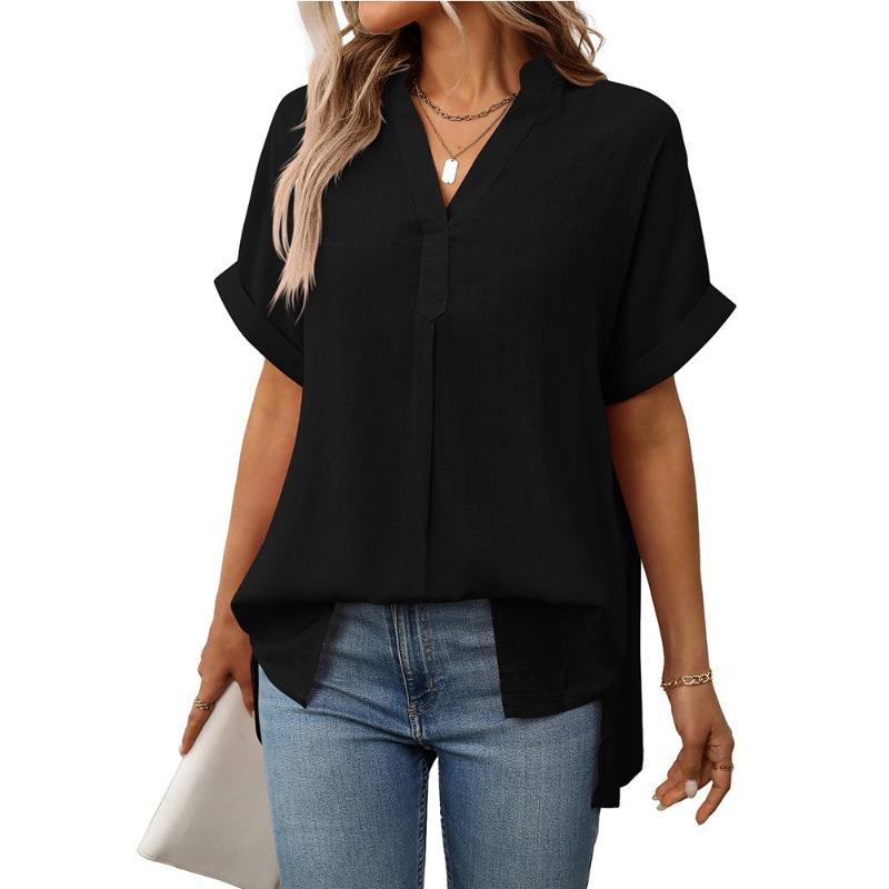 Летняя новая женская рубашка свободного кроя с V-образным вырезом и короткими рукавами в полоску