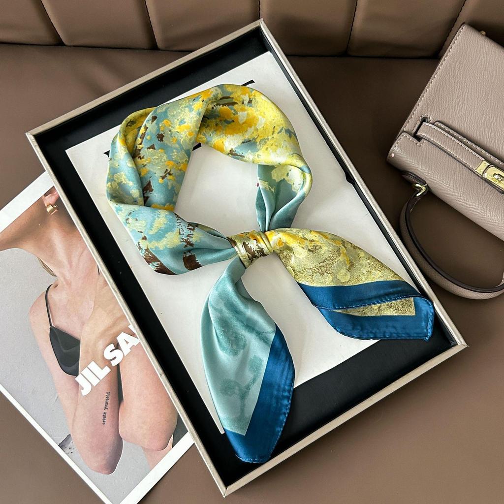 70cm Birch Forest Silk-Blend Scarf: Women's Spring/Summer Oil Painting Style Square Scarf