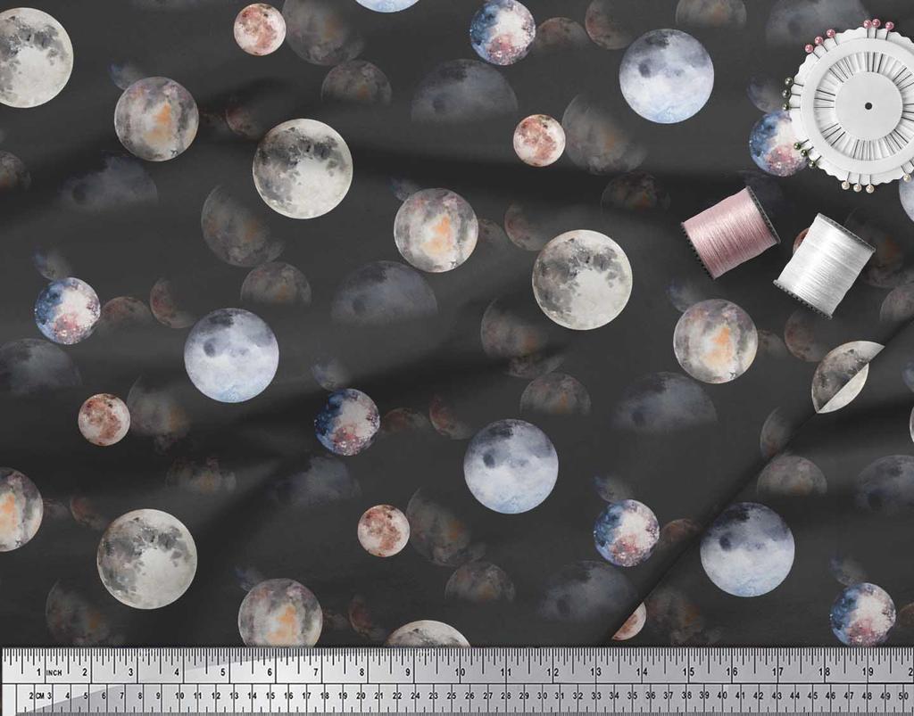 Soimoi Black Poly Crepe Fabric Planet Galaxy Decor Fabric Printed metre 42 Inch