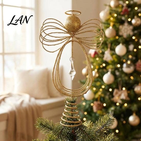 Decorative Holiday Home Accents Angel Christmas Tree Topper, Gold Glitter Metal Wire Crown Spring Base Topper Ornament for Decor And Seasonal