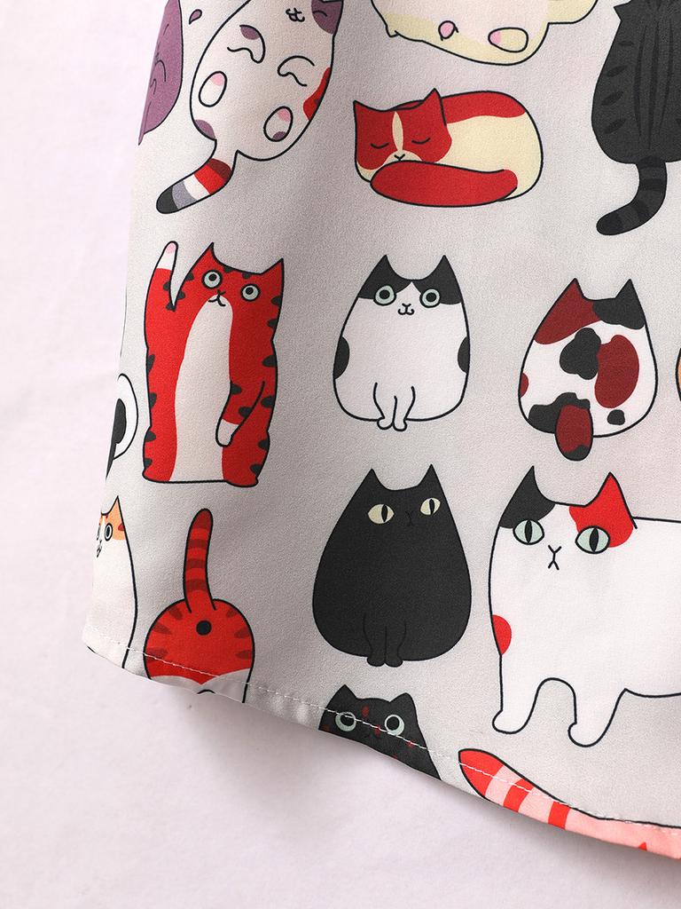 Негабаритные свободные короткие рукава с мультяшным котом и принтом Гавайи, пляжные летние мужские рубашки, студенческие пары, модная повседневная мужская одежда, тенденции