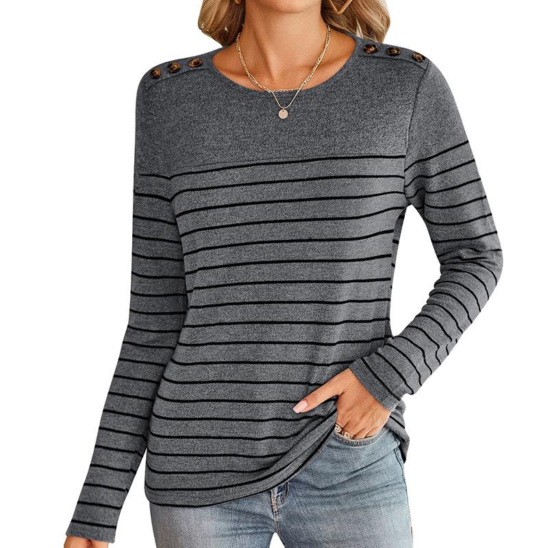 Женская блузка осень-зима в полоску, контрастные цвета, круглый вырез, длинный рукав, топ на пуговицах