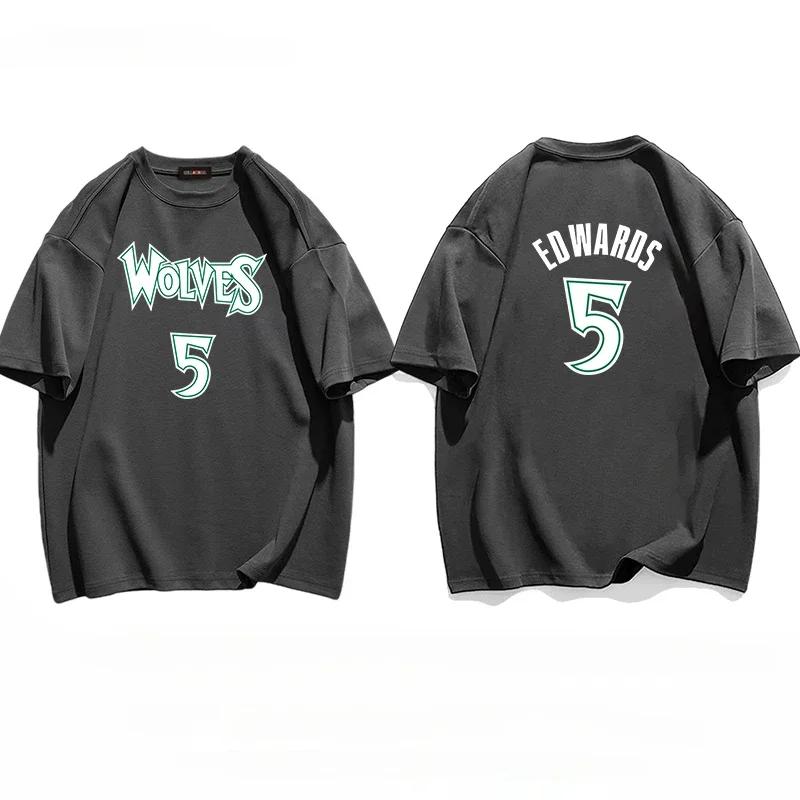 Basketball Star Timberwolves NO.5 Edwards Training Wear Cotton T-shirt T-shirt Tops Oversize Short Sleeve High Quality