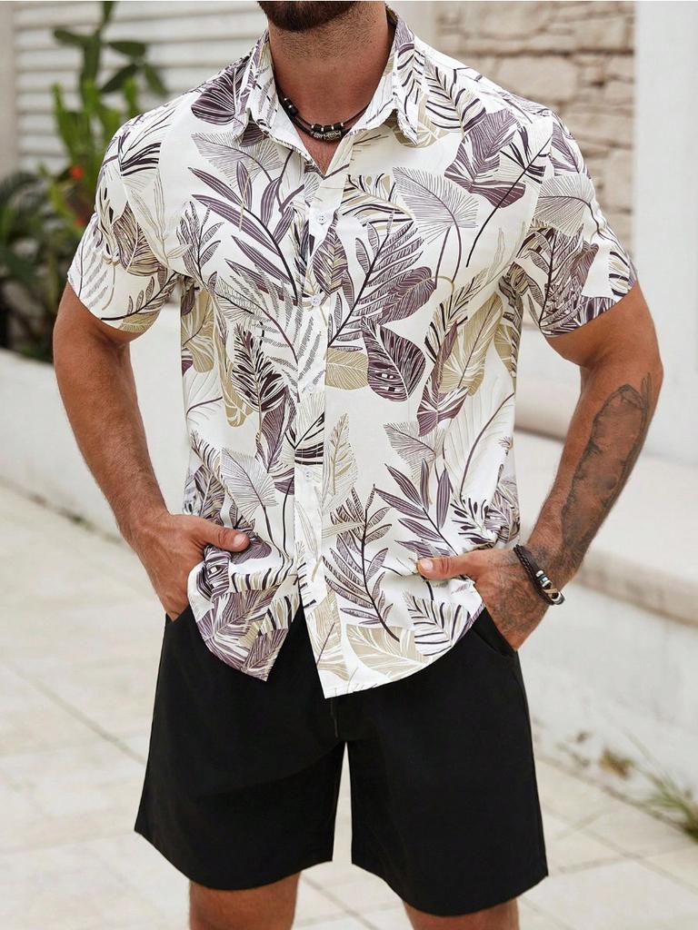 Летний пляжный комплект из 2 предметов Мужская повседневная рубашка с коротким рукавом и шорты с тропическим принтом Комплекты для отпуска