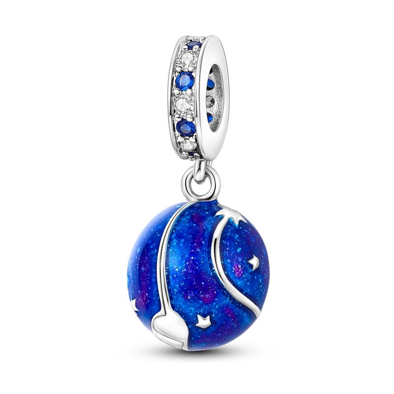 Silver S925 Blue Series Beads Fit Bracelet Bangle Diy Original Design Star Moon Galaxy Charms For Jewelry Make