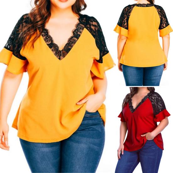 Sexy Women Short Ruffled Sleeve Deep V Neck Lace Patchwork Loose Blouse T-shirt