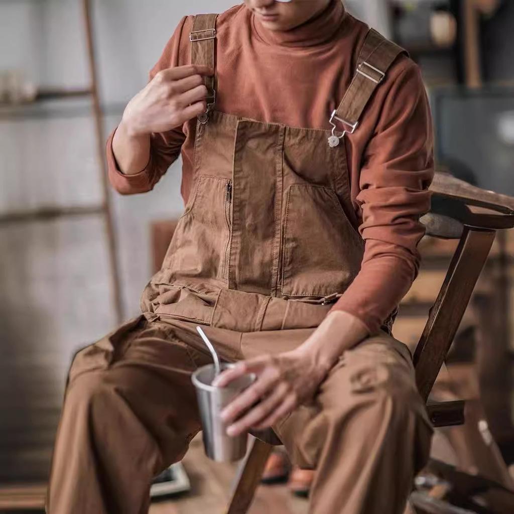 Fashion Retro Men's Suspenders American Style Green Cotton Overalls Loose Grey Brown Washing Jumpsuit All Seasons Full Length Baggy Pants Casual