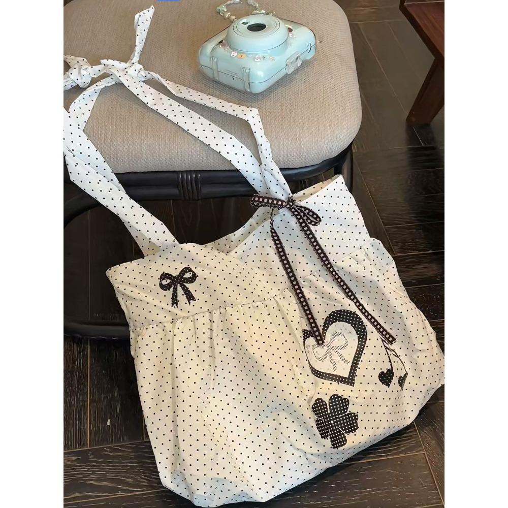 Корейская сумка-тоут в горошек милый бант любовь ретро нота плечевая сумка большая вместимость хлопок для путешествий на вынос