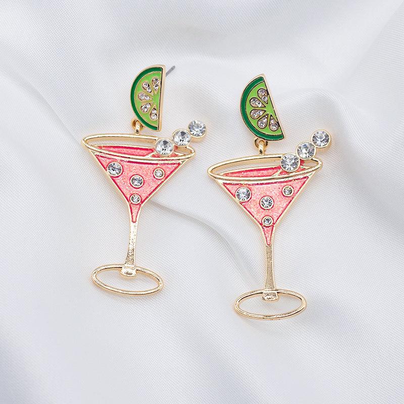 Серьги-гвоздики в виде бокала арбуза со стразами из розового и зеленого сплава для летней свежести