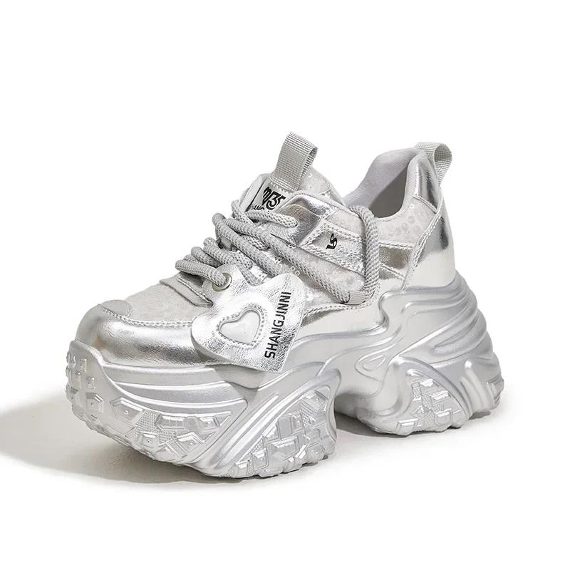 Мода Высокое качество 10см новый Синтетический Натуральная кожа Весна Женские Удобные Вулканизированные Высокий Бренд Осень Ботинки Блестящие Массивные Кроссовки Обувь