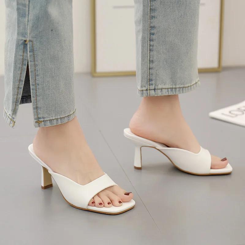 2024 Женские летние туфли на высоком каблуке 8,5 см, синие фиолетовые шлепанцы, босоножки-мюли, женские тапочки, дизайнерские туфли с открытым носком на тонком каблуке, фетиш-обувь для выпускного вечера