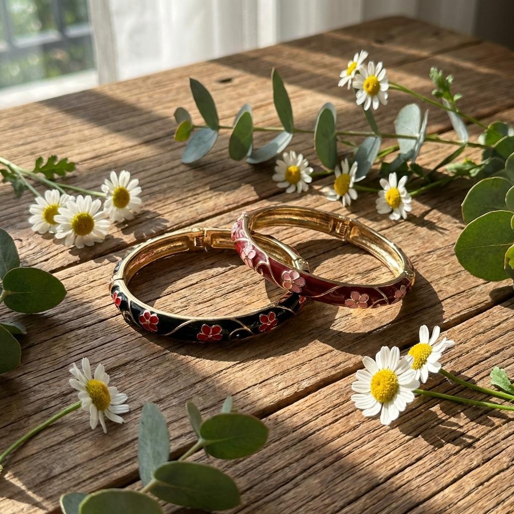 Classic Flower Thin Bangle for Women Cottagecore Enamel Floral Spring Bracelet Fashion Old Money Jewelry Gift