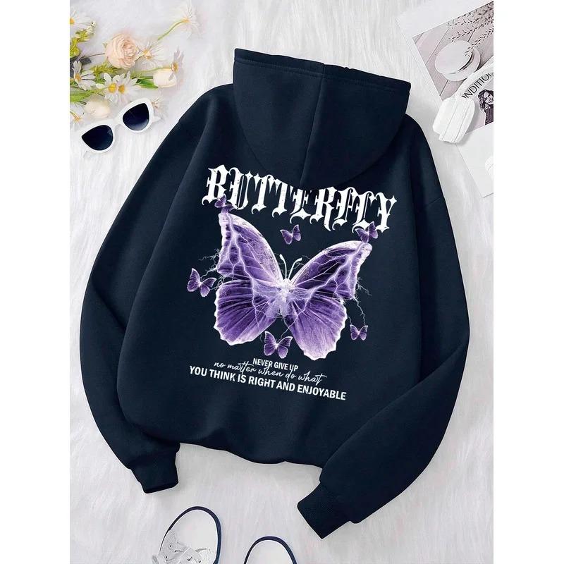 Beautiful Purple Butterfly Sweatshirt Women Fleece High Quality Hooded Simple Casual Hoodies Autumn Loose Oversized Hoodies & Sweatshirts Women’s
