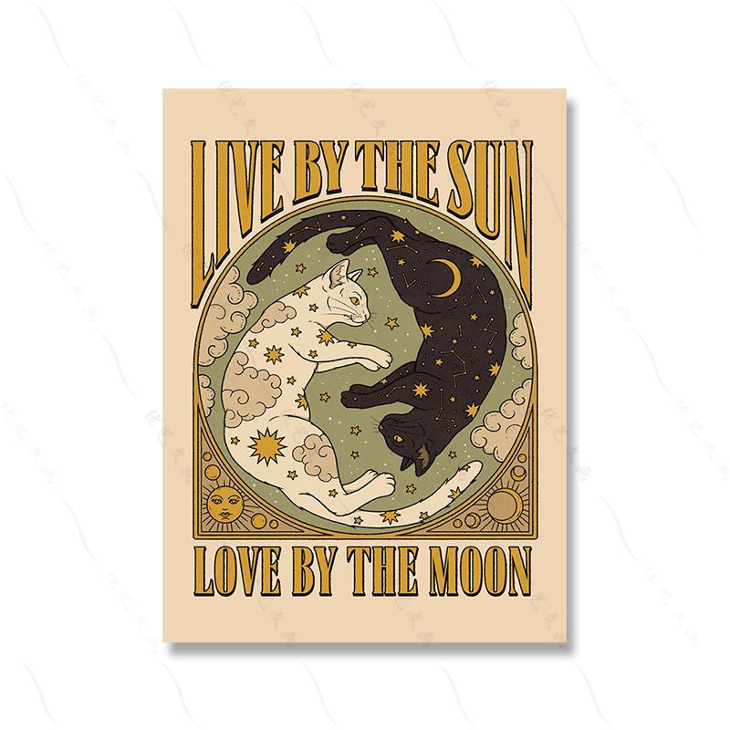 Witch Fortune Sun Moon Stardust Retro Animal Luck Cat Canvas Painting Room Home Decor Tribe Poster Print Vintage Card No Frame