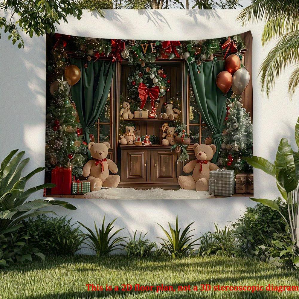 2D flat, 1pc festive Christmas teddy bear background banner, polyester wall decoration with golden tones, indoor/outdoor party