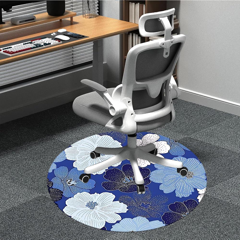 1pc Floral Blue Office Round Area Rug, Mat Suitable For Office, Under Office Chairs Bedroom Living Room Home Decor, Room Deco