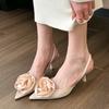 Women's Sandals 2024 Summer Elegant Solid Color Flower Design Slingback High Heels Casual Fashion Pointed Toe Dress Party Shoes