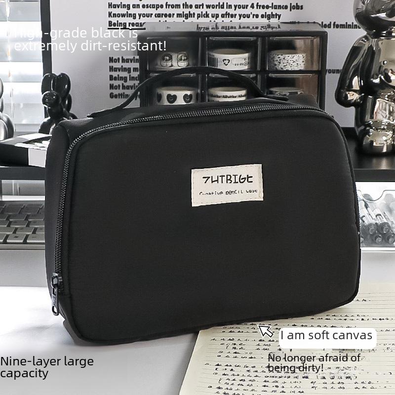 "Black Japanese-Style Large-Capacity Pencil Case & Cosmetic Bag"