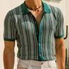 Summer Men's Knitted Jacquard Business Polo Shirt Fashion Short Sleeve Button-down Cardigan Vintage Leisure Top