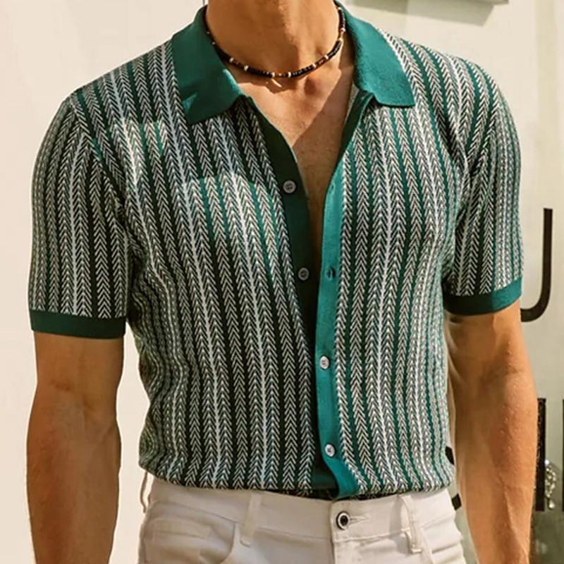 Summer Men's Knitted Jacquard Business Polo Shirt Fashion Short Sleeve Button-down Cardigan Vintage Leisure Top