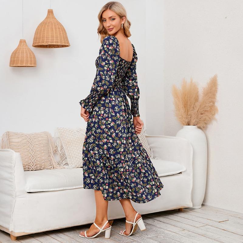 YYFS Women's Fashion Spring Fall Flower Pattern Print Long Sleeve Square Collar High Waist Casual Dresses