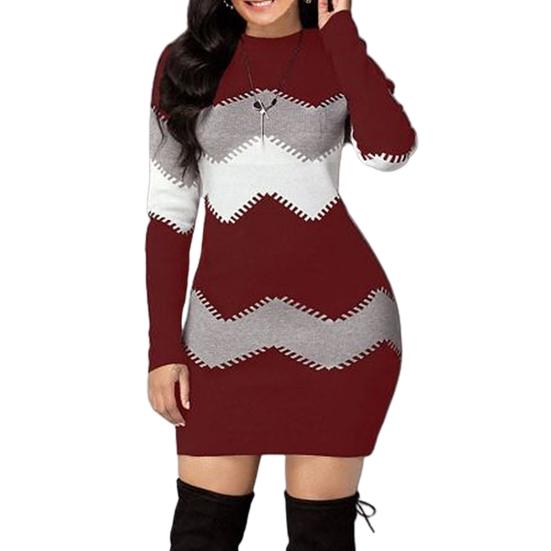 Women Autumn O Neck Long Sleeve Color Block Bodycon Warm Mini Sweater Dress