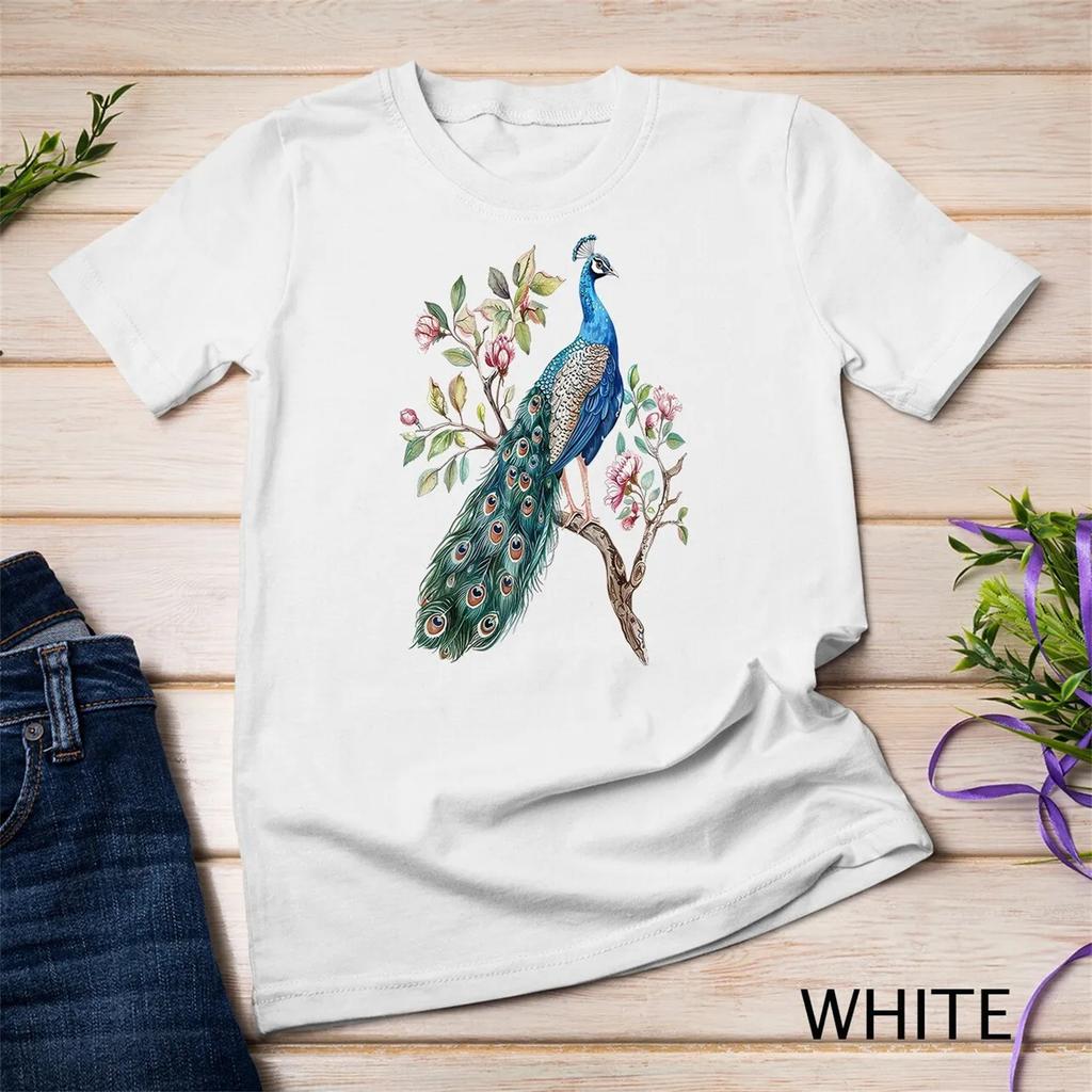 Blue Peacock Feathers Bird Flowers Tree Lovers T Shirt