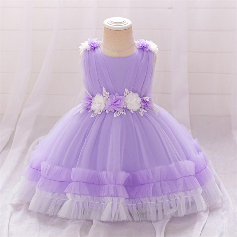 Girls Princess Dress Sleeveless Tulle Gown With 3D Floral Applique Toddler Baby Kids