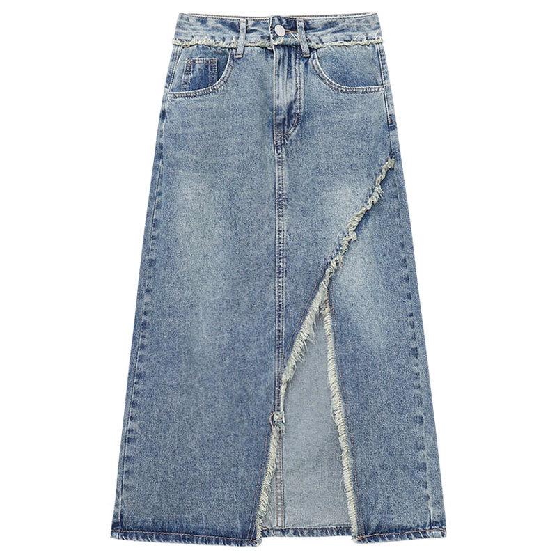 Разрез нерегулярный женский необработанный край винтажный повседневный средней длины с высокой талией А-силуэт пакет бедра юбка универсальная удобная модная джинсовая юбка-бюстье