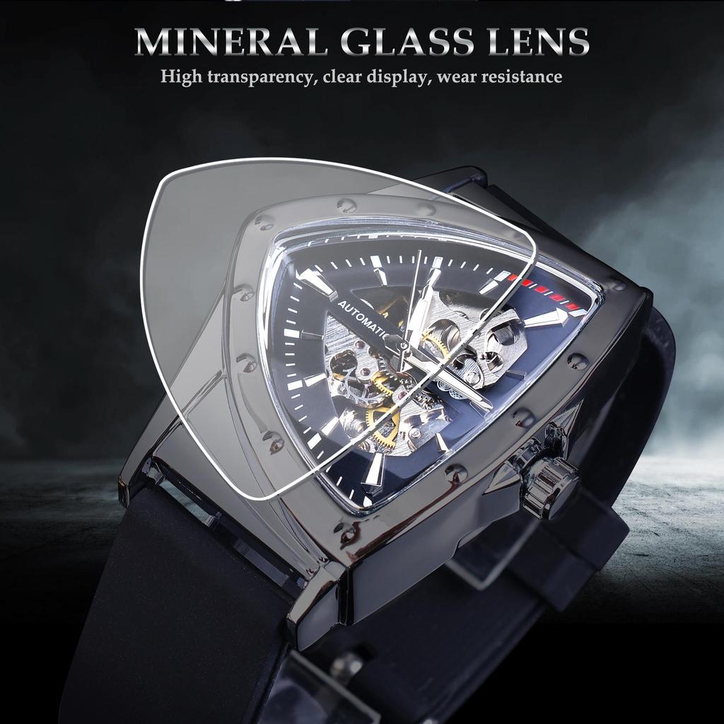 WINNER Triangle Automatic Military Wristwatch With Luminous Pointers Sport Style Men's Watches Transparent Skeleton Mechanical Watch