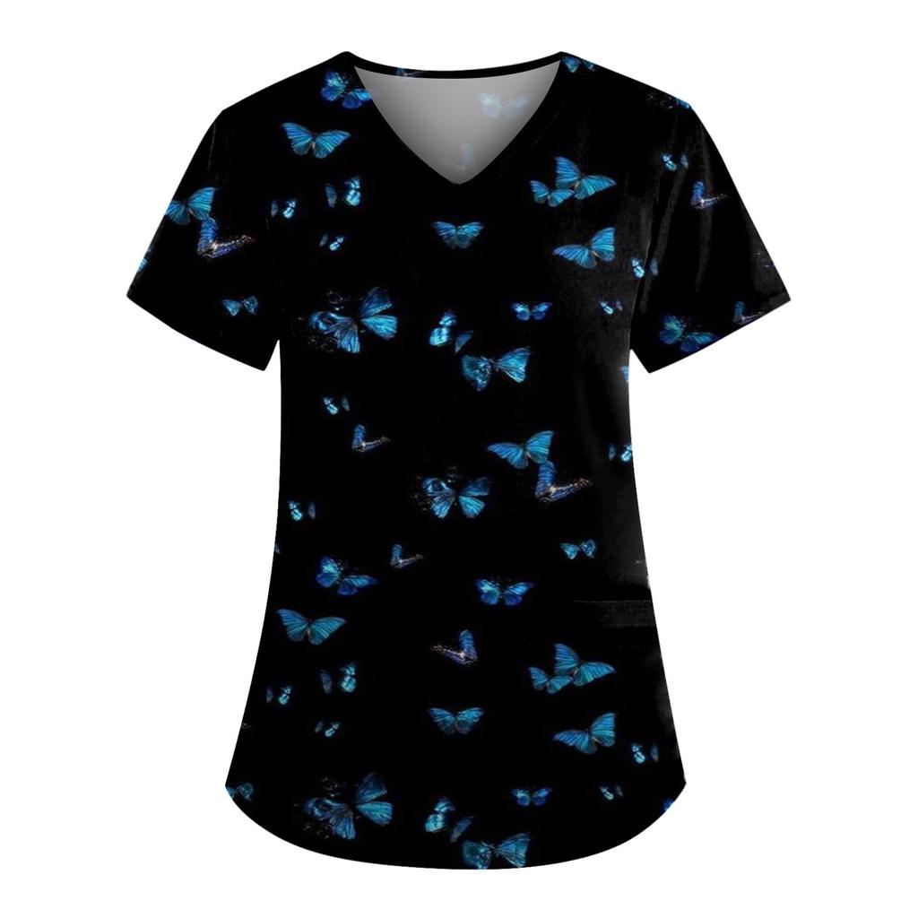 Plus Size Cute Printed Scrub Working Uniform Tops For Women V-Neck Short Sleeve Fun T-Shirts Workwear Tee With Pockets