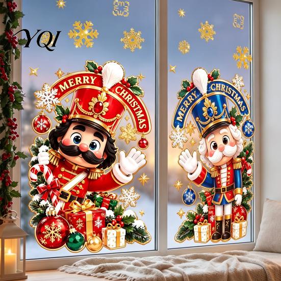 Holiday Gift Shop Decor 2Pcs Christmas Nutcracker Window Clings, Cartoon Soldier & Snowflake Static Glass Stickers, Stickers Reusable PVC for Home and