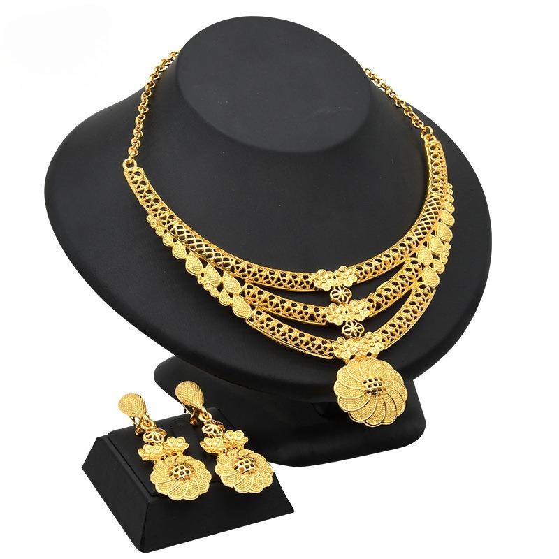 Dubai Bridal 24k Gold Plated Jewelry Set India Middle East Ladies Fashion Necklace Earrings Ring Bracelet Set