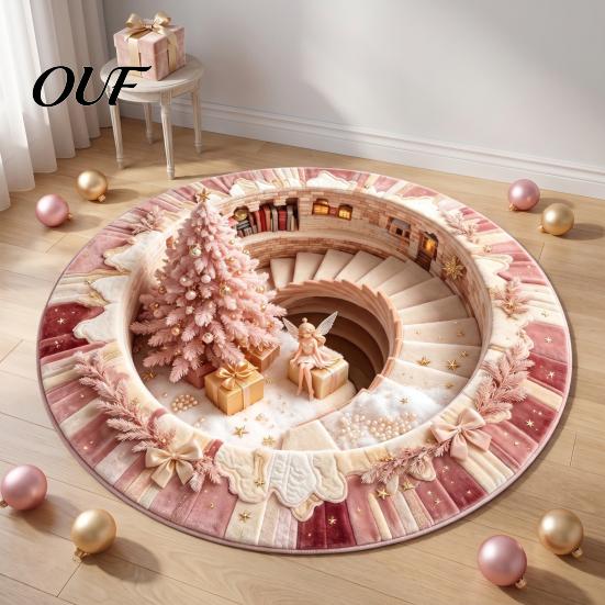 Winter Holiday Floor Covering 3D Optical Illusion Round Christmas Rug, Cute Santa Claus Crystal Velvet Mat, Mat Vivid Printed Circular Carpet