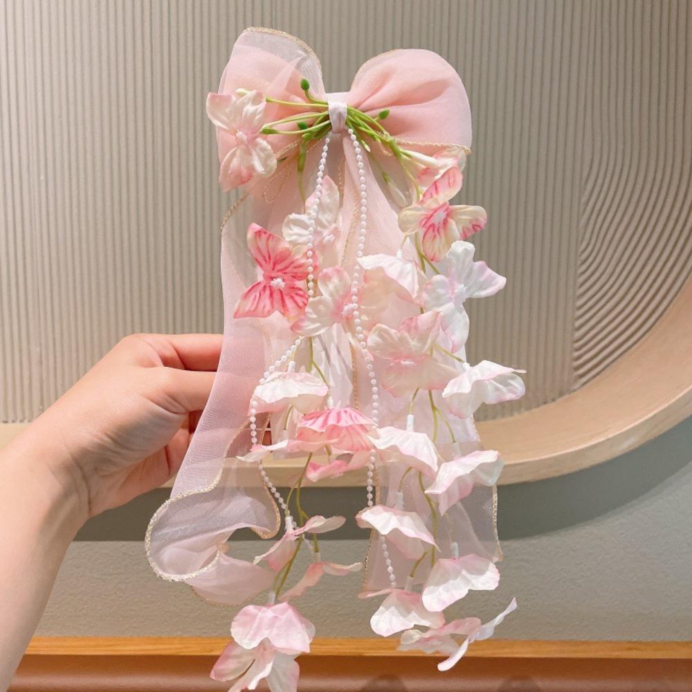 Sheer Ribbon Hair Bow Clip Flower Vine Tassels Ribbon Hair Clip Fashion Bow Hair Clip Gifts