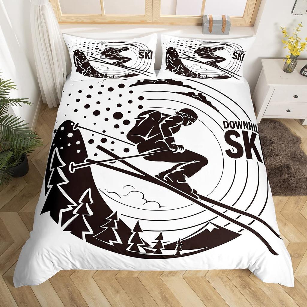 Skiing Sports Duvet Cover Queen Size For Kid Teen Winter Sport Ski Theme Comforter Cover Set Microfiber Snow Mountain Landscape