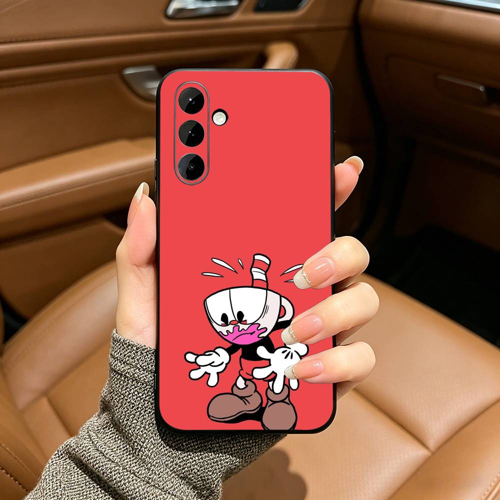 Cute CupHead And MugMan Phone Case For Samsung Galaxy A73,A71 A72,A70,A53,A52,A51,Soft Silicone Black Cover