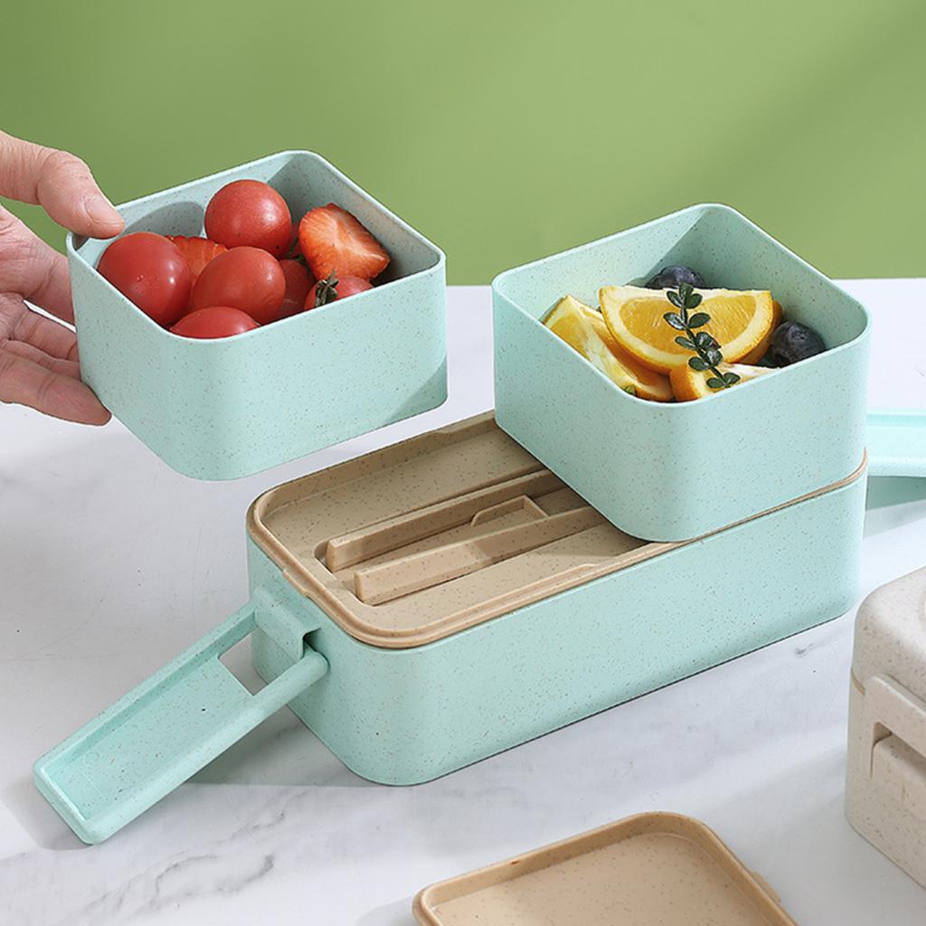 Leak-proof Bento Lunch Box with 3 Compartments Double Layer Buckle Closure Microwave Safe Stackable Salad Box for Kids Adults